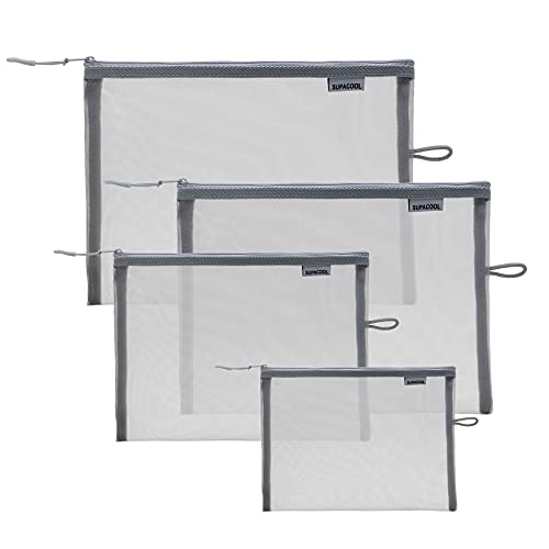 SUPACOOL Set of 4 Mesh Makeup Bags Mesh Cosmetic Bag Travel Organizer Pouch with Zipper Diaper Toiletries Pouches for Women and Men(Grey)