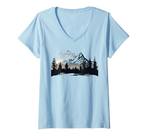 Damen Alpen Berge im Wald mit Bäumen Natur die Berge T-Shirt mit V-Ausschnitt