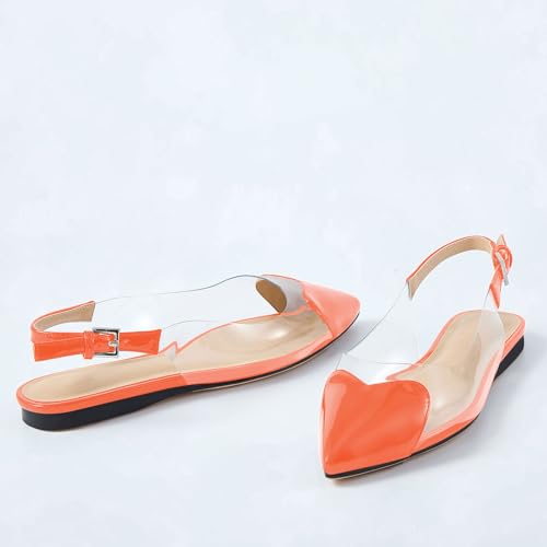 Wrynthevia VogueVent Women's Fashion Pointed Toe Heart Transparent PVC Slingback Flat Shoes Comfort Slip On Cap Toe Clear Ballet Flats Work Wedding Dress Flat Shoes for Women Orange Size 8.52
