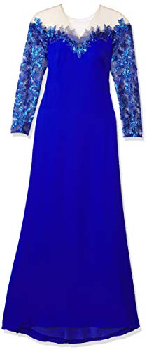 Tadashi Shoji Women's L/S Crepe Gown W/Sequin LACE Sleeves, Royal Blue, 10