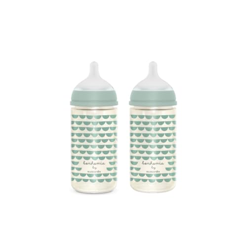 Image of Suavinex Bonhomia Glass Baby Bottle with SX PRO Silicone Nipple, Anti Colic Baby Bottles, Baby Bottles for Breastfed Babies, 2 Pack 8 oz, Mint