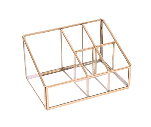 Image of Glass Makeup Organizer with Gold Metal Frame - Cosmetic Storage Holder for Lipstick, Perfume & Makeup Brushes - Vanity Organizer for Dressing Table - Multi-Compartment Beauty Storage