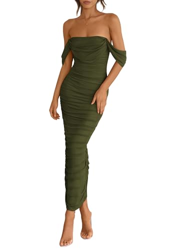 PRETTYGARDEN Womens 2025 Summer Off The Shoulder Dress Ruched Bod...