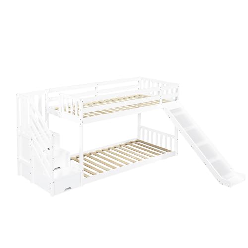 Bunk Bed with Stairs and Slide, Solid Pine Wood Frame, Children Bed with 2 Drawers in the Steps, Ideal for Any Room, 90x190cm, White【UK Fast Shippment】