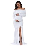 JustVH Maternity Long Sleeve Off Shoulder Baby Shower Dress Party Mesh Paneled Split Maxi Photography Gown for Photoshoot, White, L