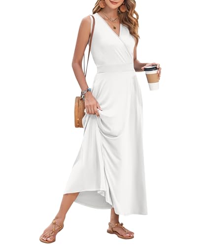 Image of AUSELILY Womens Maxi Dress Summer Sleeveless Wrap Long Dresses with Pockets | V-Neck Wrap Sleeveless Sundress, fits formal, casual, beach, vacation & daily wear