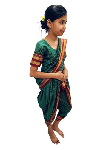 Image of BookMyCostume Traditional Marathi Dress for Girls|Dark Green Nauvari Saree for Kids with Blouse|Fisherwoman Costume for Kids|Indian Cultural State Dress| 7-8 Years