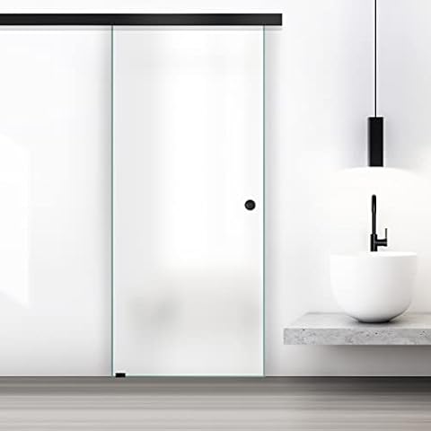 BOSS Black Sliding Glass Door for Interior 60x215 cm (Available 60/80/90 cm) 8 mm, Satin Safety Glass, Black Nano Coated, Complete Hardware kit, Hanging Rail Track (60x215 cm, Left) Cover