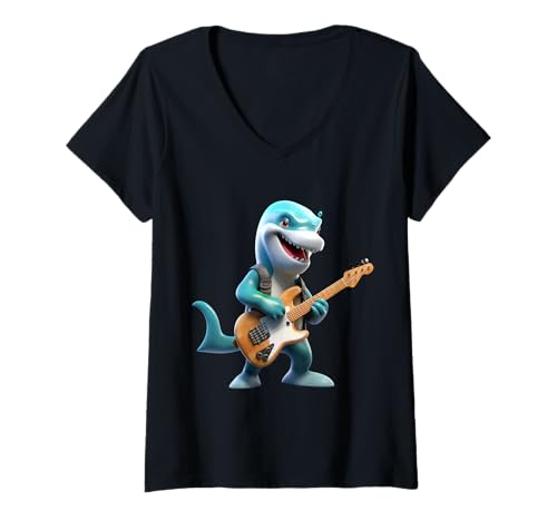 Mujer Cartoon Shark Bass Player Mecedora Bajo Eléctrico Camiseta Cuello V