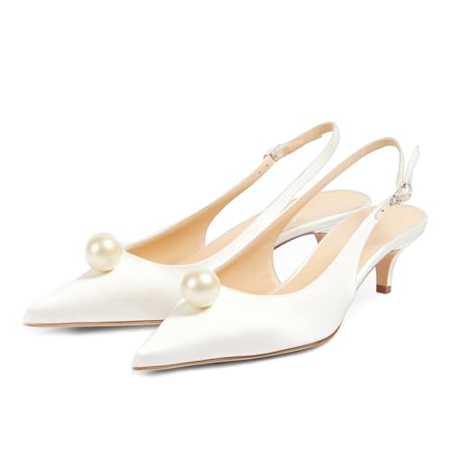 Goolita Pearl Kitten Heels for Women, Closed Pointed Toe Slingback Heels with Buckle Sexy Evening Party Wedding Pumps Shoes