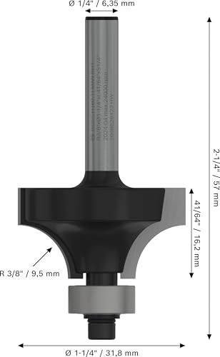 Image of BOSCH PRO Rounding Over Router Bit | R3 /8 inchxO1 1 /4 inchxL41 /64 inchxS1 /4 inch | Built for Edge Perfection | Smooth, Refined Corners in Wood & Boards | Long-Lasting Carbide Blade