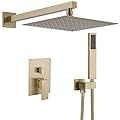 BWE Shower Faucet Brushed Gold 12 Inch Square Bathroom Luxury Rain Mixer Shower Combo Set 2-Functions Wall Mounted Rainfall Shower Head System Rough-in Valve Body and Trim Included
