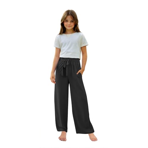 Girls Linen Pants Petite Stretchy High Waisted Wide Leg Pants Casual Dressy Bow Tie Baggy Pant Girls Summer Outfits2