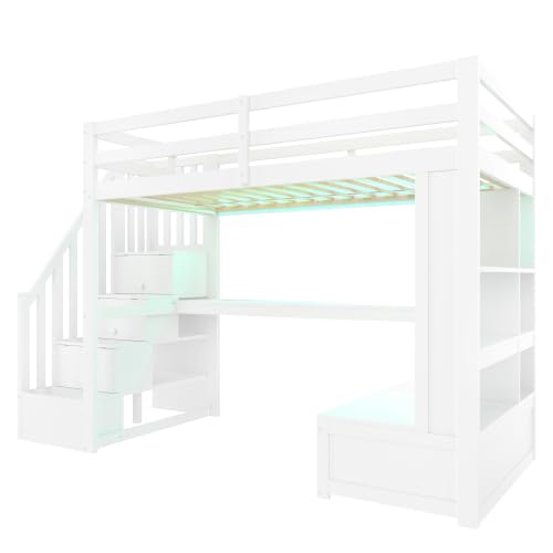 Merax 90x200 Hochbett mit Schreibtisch, Regalen & Stauraumtreppe, Weiß – Kinderhochbett mit LED-Beleuchtung, 2 Schubladen, Multifunktionales Design für Kinderzimmer