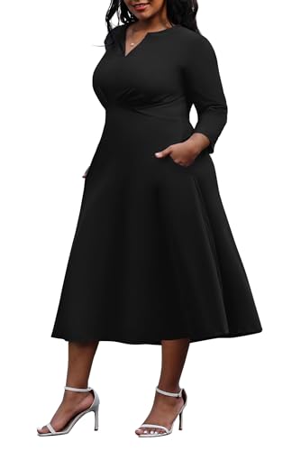 Nmoder Damen Plus Size Stretch Ausgestelltes Wickelkleid Casual Hochzeit Gäste Midi Kleider V-Ausschnitt 3/4 Ärmel A-Linie Swing Kleid, 001-black,...