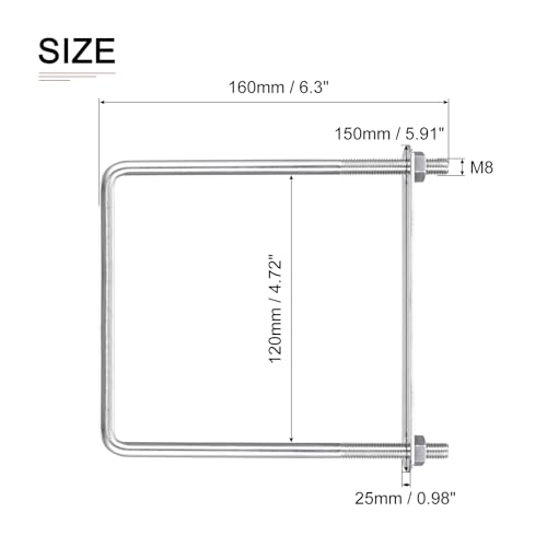 Image of DTGN M8x120x160mm(ThreadxWxL) Square U Bolt - 2Pack - Good for Trailer Pipe Replacement Parts - 304 Stainless Steel U Shape Bolts