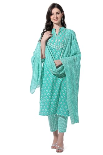 Image of MIRCHI FASHION Pure Cotton Women Straight Printed Embroidery Work Kurti Set with Dupatta and Pant