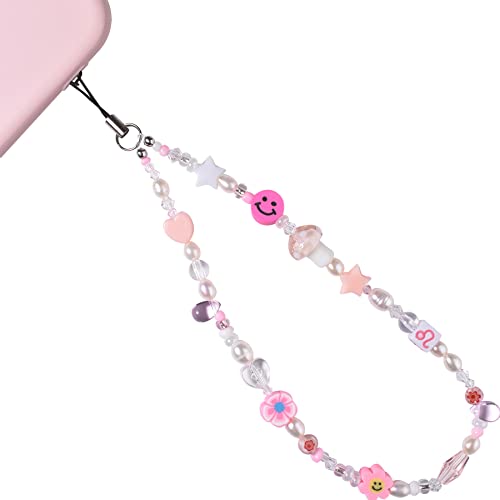 Beaded Phone Charm String Phone Lanyard Wrist Strap, Smiley Face Beads Phone Charms Aesthetic, Pink Phone Charm Leo Universal Phone Chain Personalizedï¼ˆPink-Leoï¼‰
