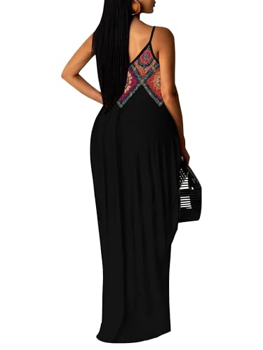 Image of Women's Summer Maxi Dress Spaghetti Strap Floral Boho Beach Long Sundress with Pockets