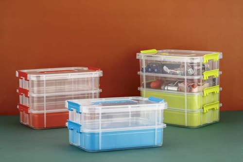 Image of flymore 2 Layer Plastic Storage Containers with Lids, Multipurpose Clear Stack & Carry Box, Portable Craft Organizers, and Storage Bin for Organizing Arts & Crafts, Sewing, stationery box (Pack Of 2)
