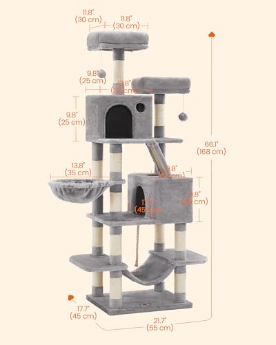 Image of Feandrea Cat Tree, 66.1-Inch Large Cat Tower, Multi-Level Plush Condo with 13 Scratching Posts, 2 Perches, 2 Caves, Basket, Hammock, Pompoms, Light Gray UPCT165W01