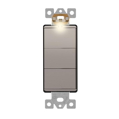 Image of LIDER Minimalist Design Lighted Triple Switch, Combination Frameless Decorator Switch with Locator Light, Ground Terminal, Single Pole, 15A 120-277V, UL Listed, Thermoplastic, Matte Nickel, 1-Pack
