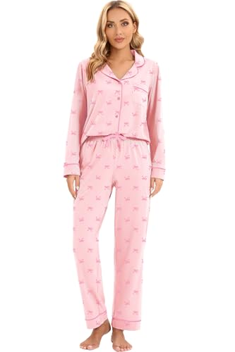 Image of LUBOT 100% Cotton Pajamas for Women Pajama Set 2 Piece PJ Sleepwear Set Soft Ladies Button Knit Long Sleeve Loungewear XS-XXL