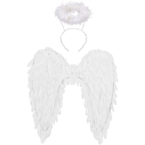 Winwild Alas de Angel con halo,Disfraz de alas de Angel y Demonio para señoras y niñas niños para Halloween Carnaval Cosplay Fiesta Disfraces(Blanco,45 x 45 cm)