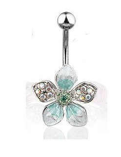 Stainless Steel Pave Gemed Tropical Green Flower Belly Button Naval Ring Dangle 14 Gauge B110