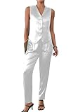 Women's 2 Piece Outfits Satin Suit Vest Waistcoat Dressy Business Casual Work Sets Tapered Pants Suits White