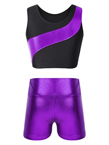 JanJean Kids 2 Piece Athletic Outfits Girls Shiny Tank Top with Shorts Outfits for Gym Sports Leotard Workout Fitness2