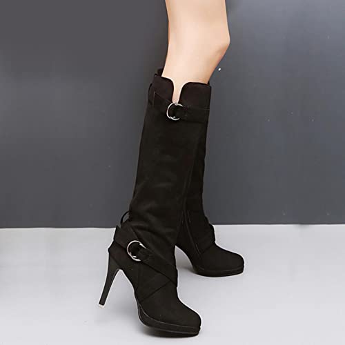 Hbeylia Stiletto High Heels Boots For Women Ladies Fashion Slouchy Metal Buckle Ruched Suede Round Toe Platform Wedge Dress Pump Slip On Mid Calf Boots Slouch Casual Winter Fall Long Tall Boots2