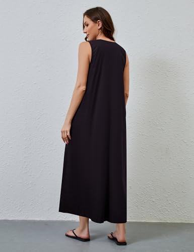 Image of MISSACTIVER Women's Sleeveless Maxi Dress Scoop Neck Ruched Long Dress with Side Pockets Wide Shoulder Elegant Blouse Dresses