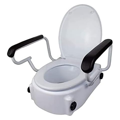 Mobiclinic, Tajo, Toilet Seat Lift, Raised Toilet Seat with Lid, Elevated Toilet Seat, 17 cm, Adjustable, Tiltable, Folding Armrests, Bath Aid for The Elderly, White Cover