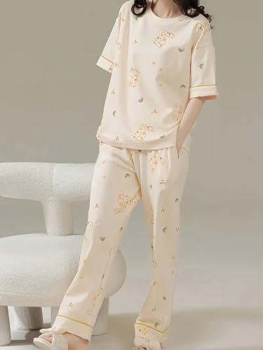 Image of GLASGO Women's Cotton Pajama Set with Top & Pants|| Korean Night Wear|| Loose Fit Home Wear || Lightweight Printed Set || Soft & Comfy Sleepwear for Girls & Women || LNS-4-$
