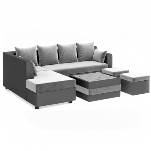 Image of CASASTYLE Stylify 8 Seater Fabric LHS L Shape Sofa Set with 1 Centre Table & 2 Ottoman (Light Grey-Dark Grey) 8 Person Seating with Premium Velvet Finish | Ideal for Living Room