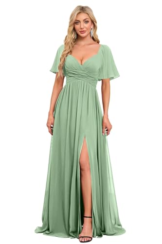 Image of Women's Flutter Sleeves Chiffon Bridesmaid Dresses with Slit Long A Line V-Neck Formal Party Dress with Pockets