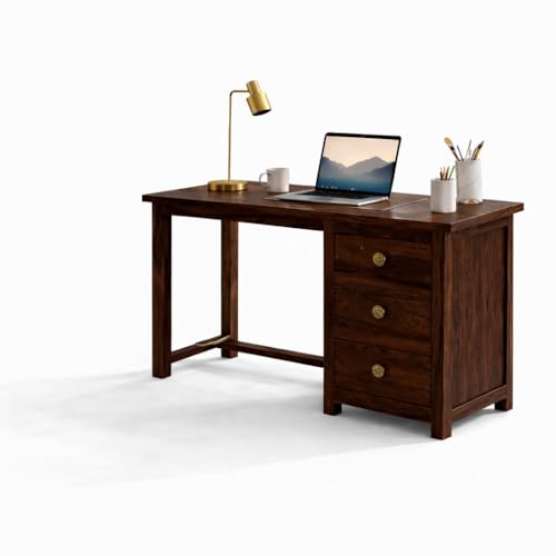 Image of Solid Sheesham Wood Study Table with 3 Drawers & - Dark Walnut Finish Writing Desk for Home Office, Bedroom & Study Room, Durable Wooden Computer Desk with Storage