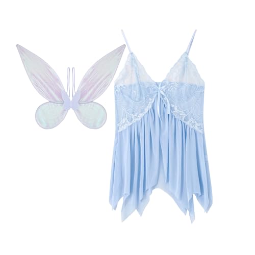 FeMereina Costume de fée d'Halloween pour femme, robe caraco en dentelle florale à col en V avec ailes d'ange, tenue 2 pièces pour fête, costume et...