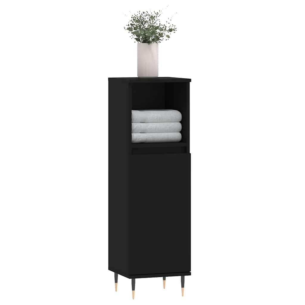 Mueble de baño negro 30 x 30 x 100 cm de madera con patas de hierro, diseño moderno, montaje en pared, armario para baño pequeño, juego de muebles de baño