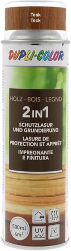DUPLI-COLOR Holzschutzlasur Spray Teak 500 ml – 2-in-1 Grundierung und Lasur, Allwetterschutz, UV-Schutz, atmungsaktiv, für Holz innen und außen