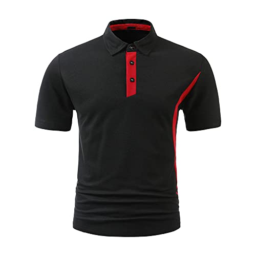 Men's Performance Lapel Collar T-Shirt Casual Short Sleeve Button Down Pullover Regular-Fit Moisture Wicking Golf Shirts (Black,Medium)