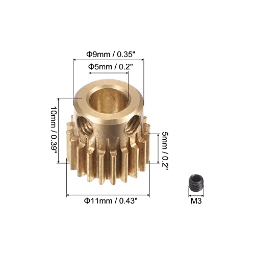 Image of uxcell Pinion Gear Set, Brass Motor Rack Straight Spur Gear with Step, 0.5 Mod 20T 5mm Bore 11mm Outer Dia, M3 Set Screws Included