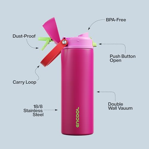 Image of Insulated Water Bottle with Straw - Encool Stainless Steel Water Bottle with Push Button Lid, Leak-Proof & BPA-Free, Keeps Cold for 24 Hours for Sports, Travel, Gym (24 oz, Cerise Pink)