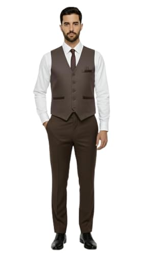 Image of Men's Formal Brown Vest Coat Set, Business Attire, Classic Suit