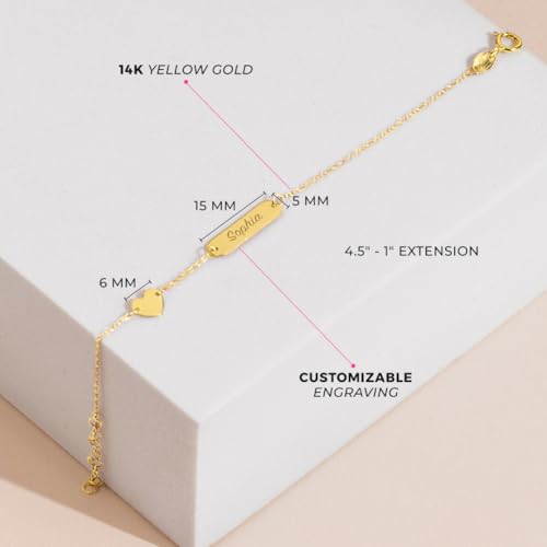 14k Yellow Gold Heart Charm Engravable Tag Identification Bracelet For Toddlers and Little Girls - Sweet Heart Charm Bracelet For Baby Girls - Customized Tag ID Bracelets For Girls4