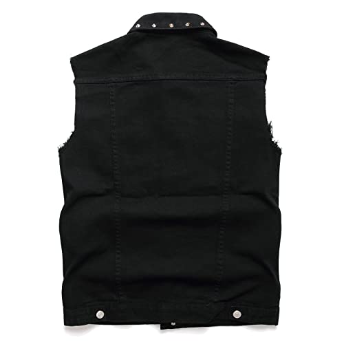 Image of Denim Vest Men Lapel Sleeveless Slim Fit Retro Ripped Casual Jean Vest for Men's