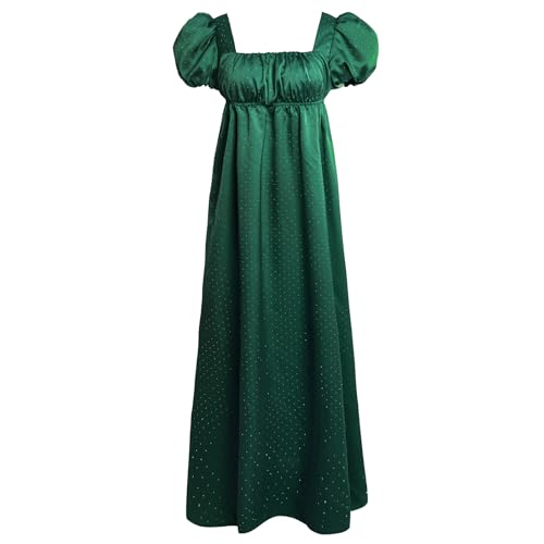 Vibsion Regency Dresses for Women Puff Sleeve Empire Waist Victorian Dress Luxurious Rhinestone Satin Party Gown Green L