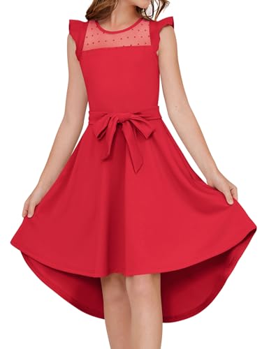Girls Dress Summer Ruffle Sleeve Mesh A Line Casual Party Dresses Belted Dress with Pockets 5-14 Years
