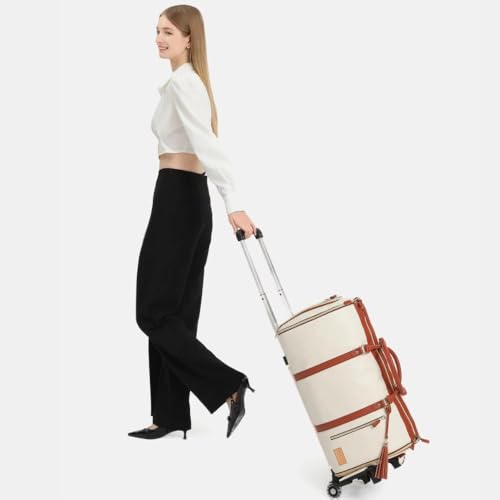 Image of FUOCO Carry On Travel Trolley Bag, PU Leather Mega Garment Duffle Bag for Women Men, Convertible Duffle Bag for Travel, 2 in 1 Hanging Suitcase Suit Traveling Bag 1 Year Warranty (White Tan)
